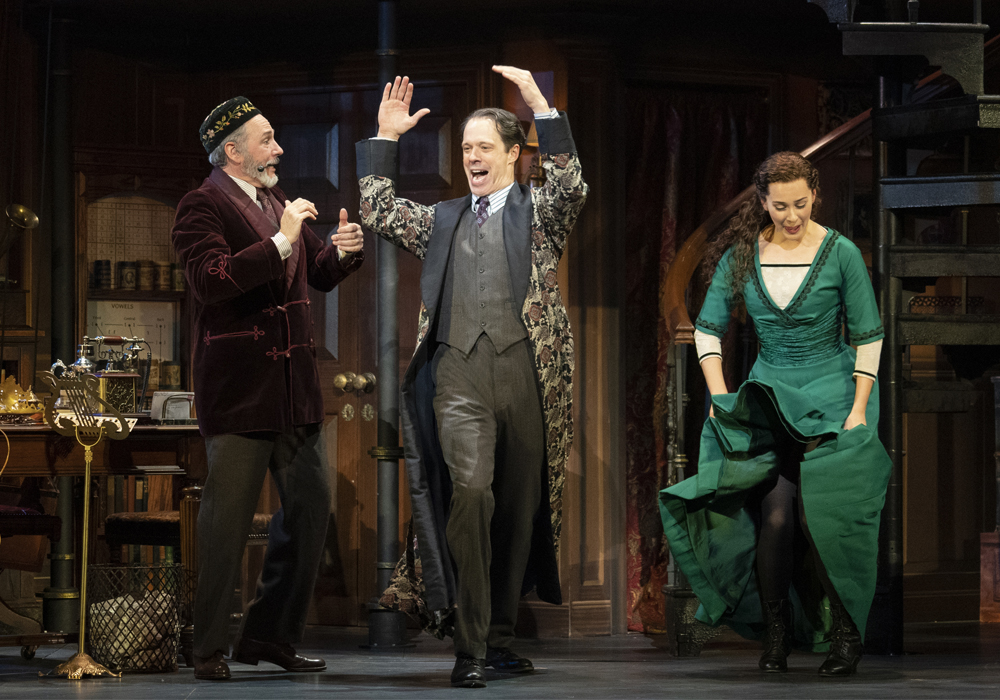 Kevin Pariseau as Colonel Pickering, Laird Mackintosh as Professor Henry Higgins and Shereen Ahmed as Eliza Doolittle in The Lincoln Center Theater Production of Lerner & Loewe’s My Fair Lady