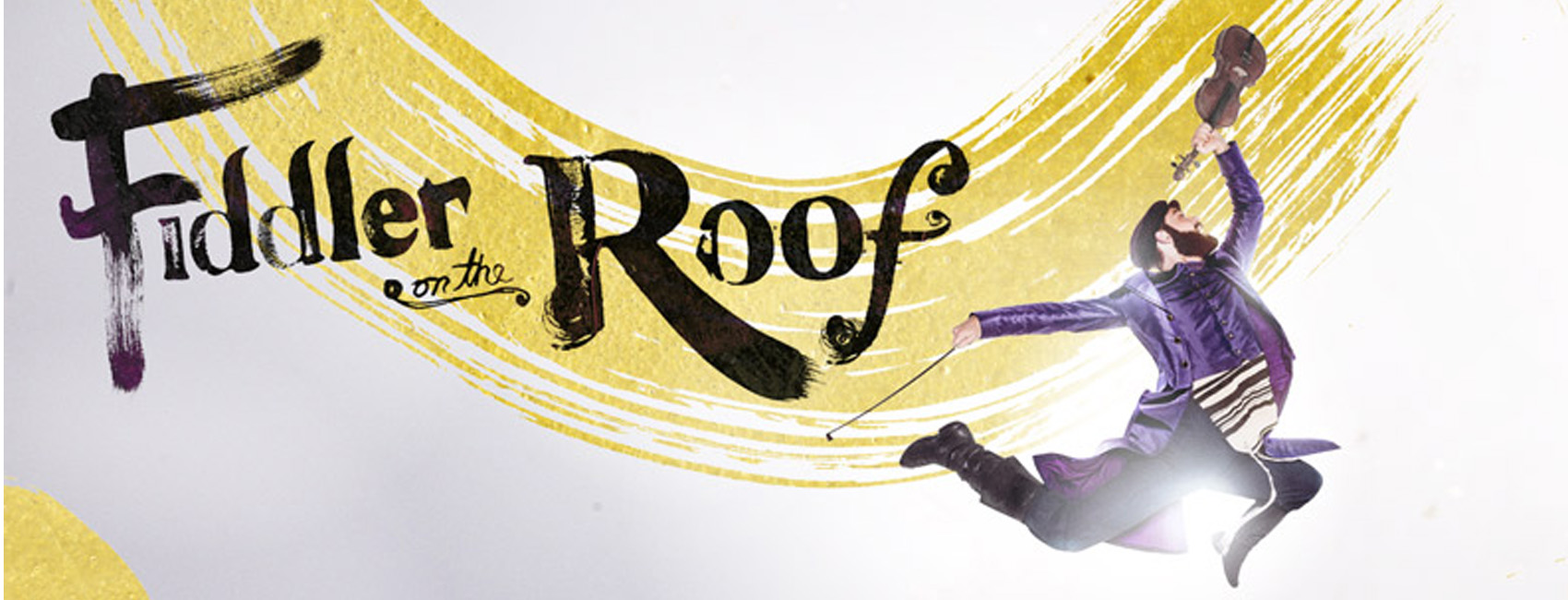 Fiddler on the Roof title with performer in motion