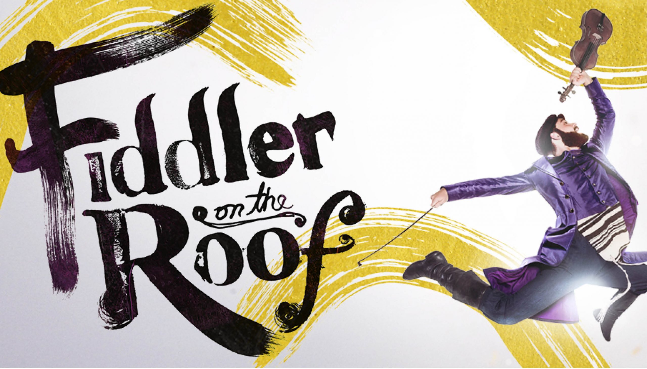 Fiddler on the Roof title with performer in motion