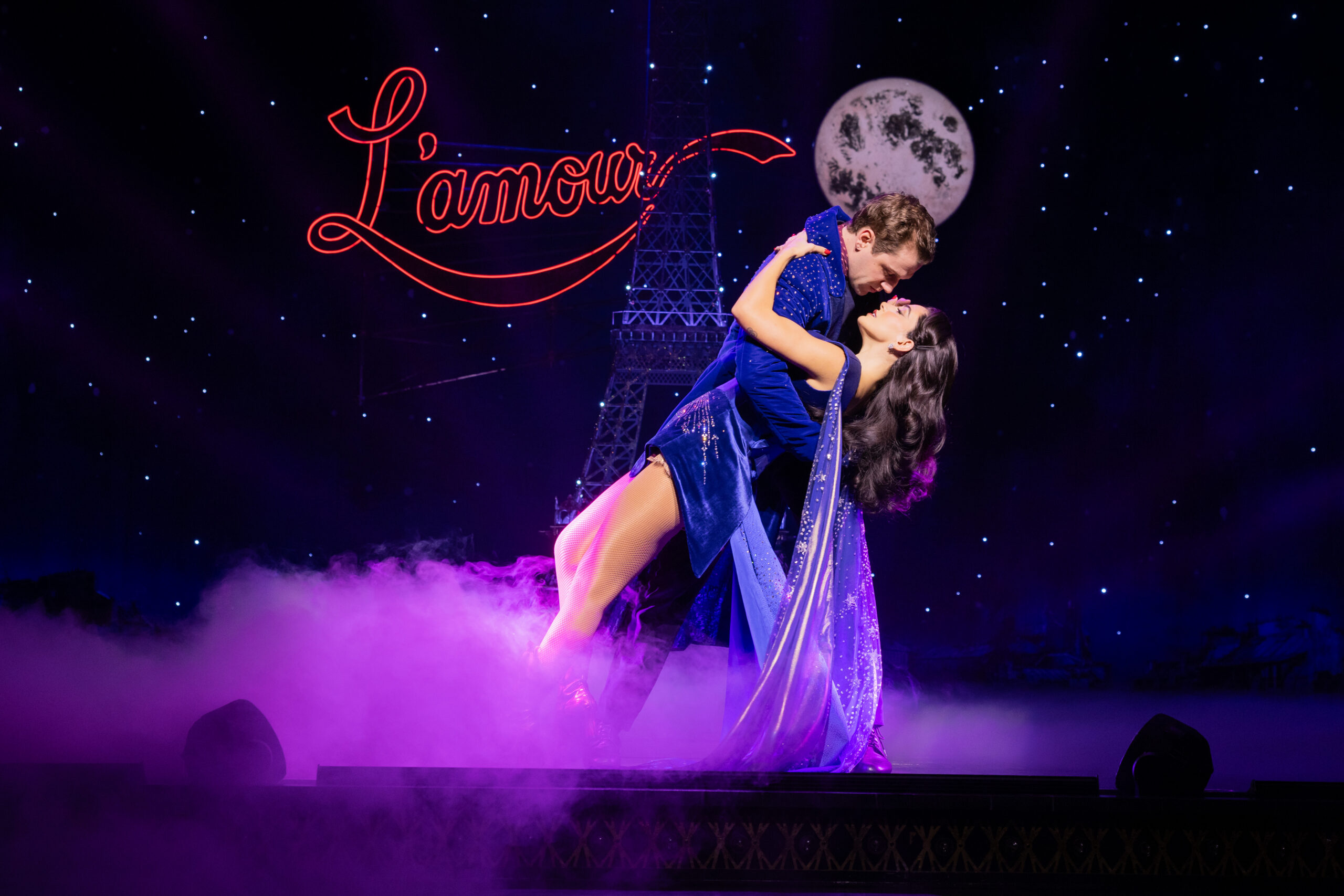 Gabriela Carrillo as Satine and Ryan Vasquez as Christian in the 2026 North American tour of MOULIN ROUGE! THE MUSICAL
