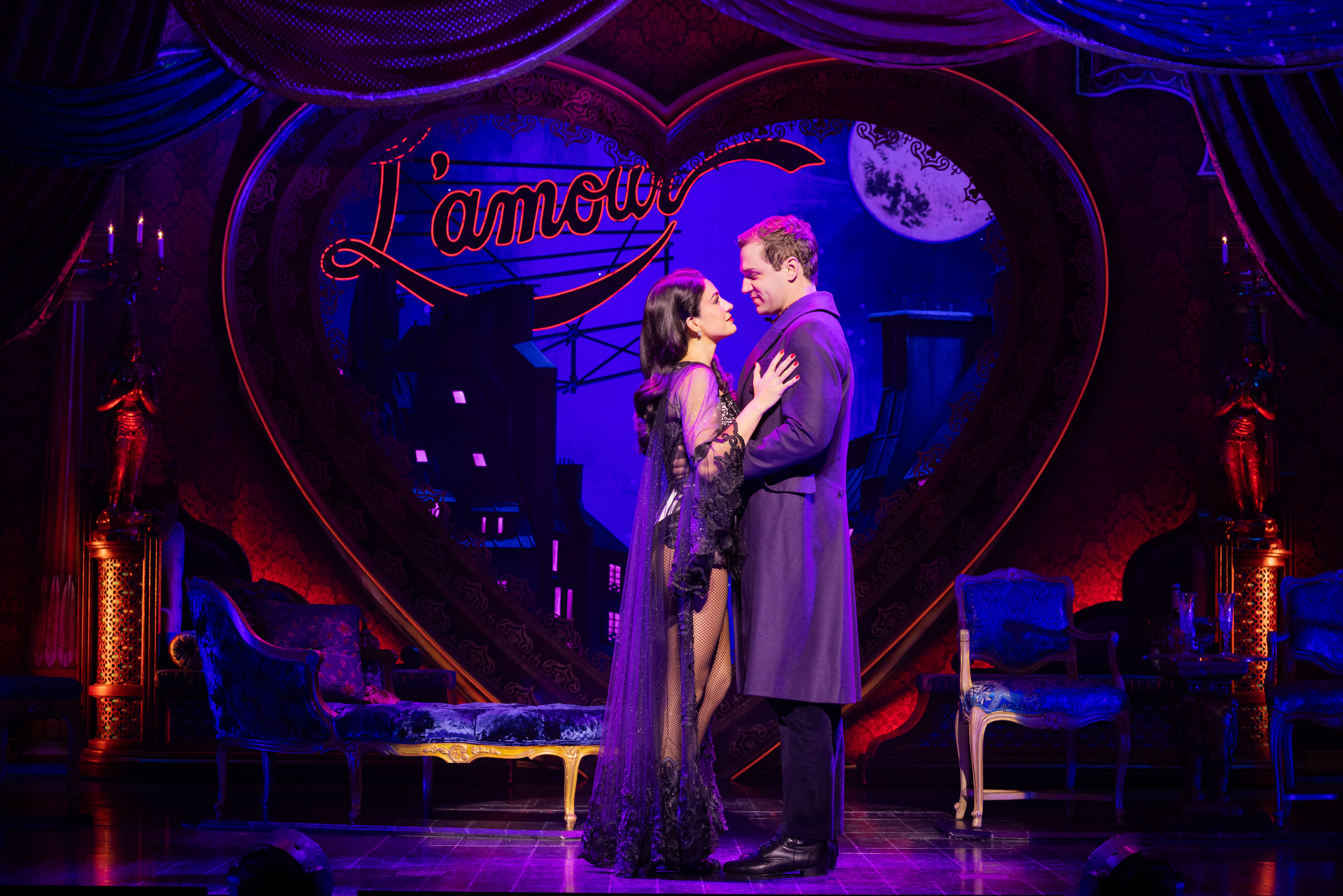Gabriela Carrillo as Satine and Ryan Vasquez as Christian in the 2026 North American tour of MOULIN ROUGE! THE MUSICAL
