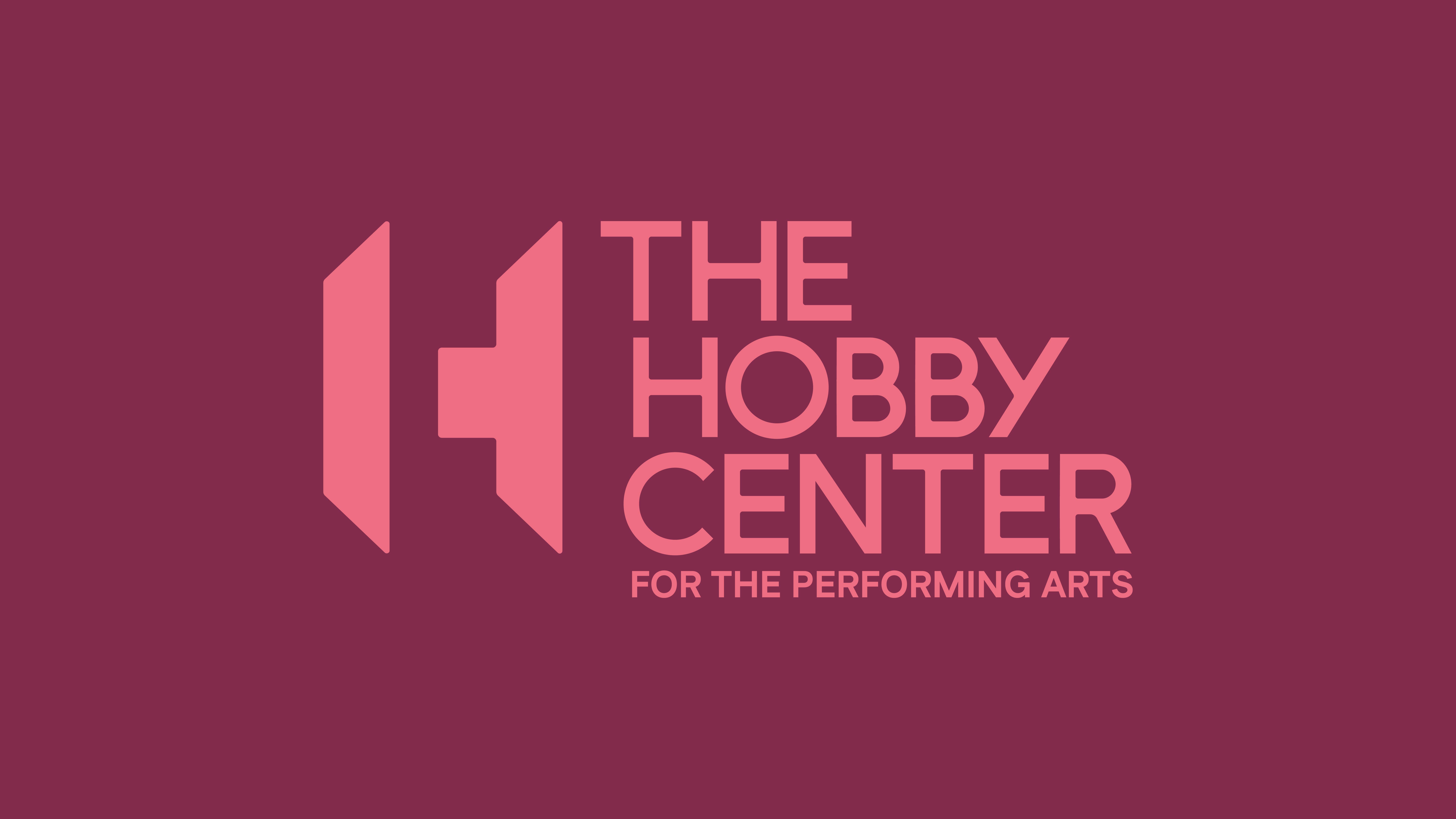 The Hobby Center for the Performing Arts logo in light pink on a dark pink background, featuring a geometric monogram with an H and a C formed through negative space, alongside the organization’s name in bold, uppercase lettering.