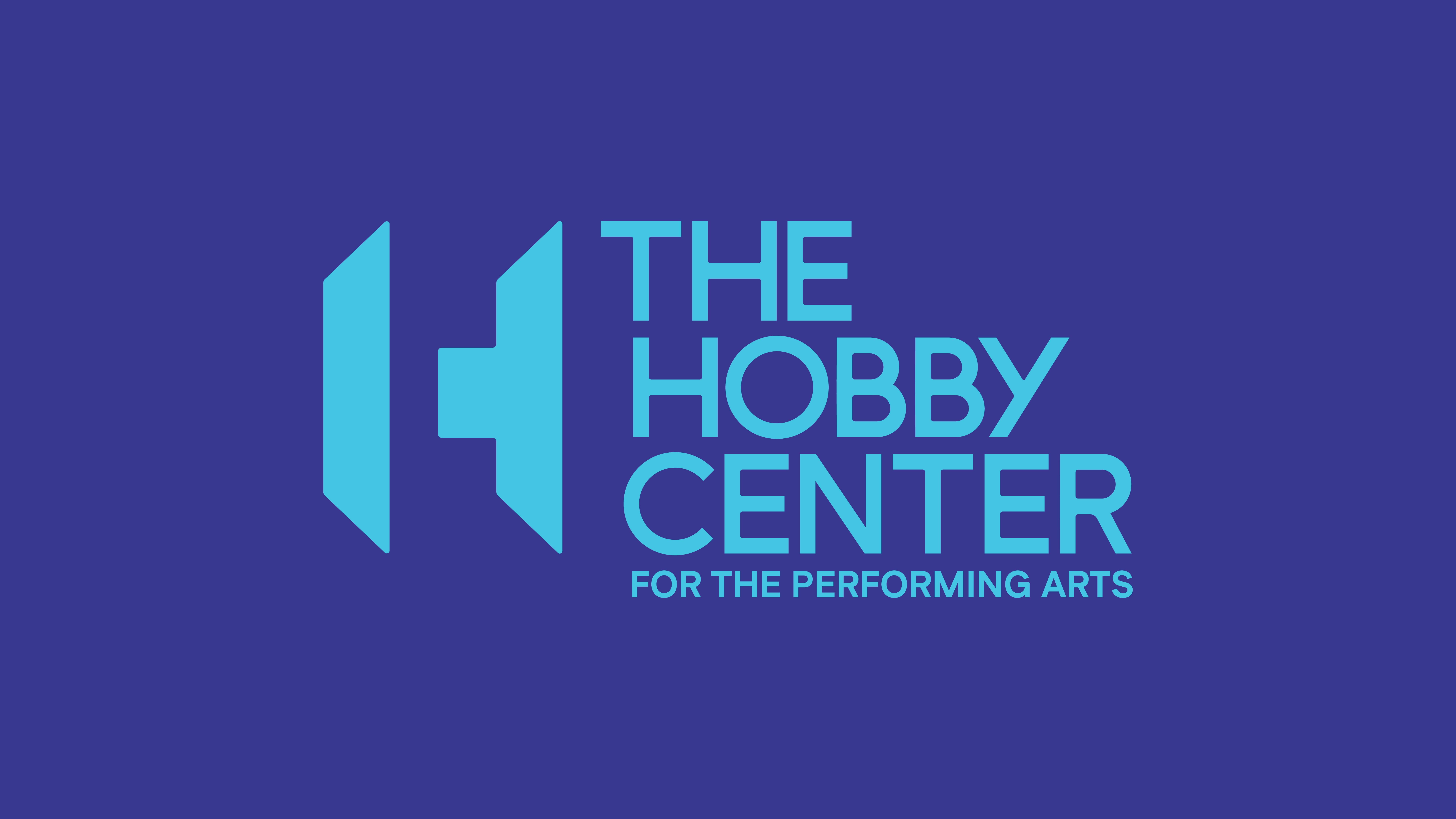 The Hobby Center for the Performing Arts logo in blue on a purple background, featuring a geometric monogram with an H and a C formed through negative space, alongside the organization’s name in bold, uppercase lettering.